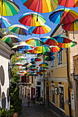 Bunte Regenschirme als Teil einer Kunstinstallation in einer Gasse in der Altstadt, Szentendre, Pest, Ungarn, Europa