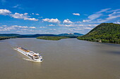 Aerial view of river cruise ship Excellence Empress (travel agency Mittelthurgau) on the Danube, Nagymaros, Pest, Hungary, Europe