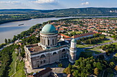Aerial view of Esztergom Cathedral, city and Danube River, Esztergom, Komárom-Esztergom, Hungary, Europe