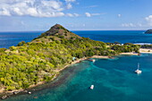 Aerial view of sailboats anchored in front of Pigeon Island National Landmark, Gros Islet Quarter, St. Lucia, Caribbean