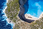 Aerial view of the rusting ship MV Panagiotis that ran aground in 1980, Shipwreck Beach, Zakynthos, Ionian Islands, Greece, Europe