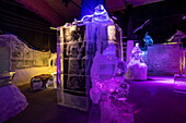 Colorfully illuminated ice sculptures at Magic Ice, the world&#39;s first permanent ice bar and gallery, Svolvær, Lofoten, Nordland, Norway, Europe