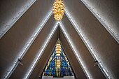 Stained glass window in the Arctic Cathedral, Tromso, Troms og Finnmark, Norway, Europe