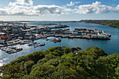 Aerial view of the harbour, town and expedition cruise ship World Voyager (nicko cruises) at the pier, Stornoway, Lewis and Harris, Outer Hebrides, Scotland, United Kingdom, Europe