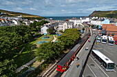 Aerial view of a train of the Isle of Man Railway Company railway, Douglas, Isle of Man, British Crown Dependency, Europe