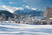 Winter landscape near Pessenbach with Herzogstand and Heimgarten, Upper Bavaria, Germany