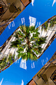 Looking up in the sunny streets of Barcelona, Spain.