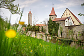 Green meadows around the Green Tower, historic old town of Dinkelsbühl an der Wörnitz (river), Romantic Road, Ansbach district, Middle Franconia, Bavaria, Germany