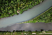 Confluence of the Danube (dark) and Iller (light) at the state border of Bavaria and Baden-Württemberg, Germany, aerial photograph