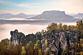 Blick über Nebelmeer zum Tafelberg Lilienstein, Sächsische Schweiz, Elbsandsteingebirge, Sachsen, Deutschland