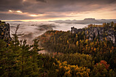 Parnorama view over the autumn sea of fog to the Lilienstein Table Mountain in Saxon Switzerland, Elbe Sandstone Mountains, Saxony, Elbe, Germany, Europe