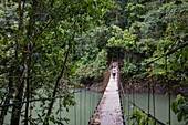 Hängebrücke über Fluss Rio Agujas am Bahia Drake Wanderpfad, Drake Bay, Puntarenas, Costa Rica, Mittelamerika
