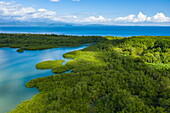 Aerial view of bay with sea kayaking excursion to mangroves in distance, Puerto Jiménez, Puntarenas, Costa Rica, Central America