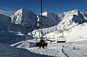 in the Sulden ski area with Königsspitze and Ortler, winter in South Tyrol, Italy