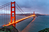 illuminated Golden Gate Bridge in San Francisco at dusk, California, United States of America, USA