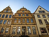 Town houses on the Alter Markt in Bielefeld, in the middle the Battighaus from 1680, Bielefeld, Teutoburg Forest, North Rhine-Westphalia, Germany