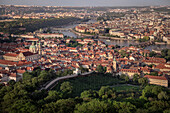 Panoramic view from the Petřín lookout tower to the Vltava (river) and Old Town, Prague, Bohemia, Czech Republic, Europe, UNESCO World Heritage Site