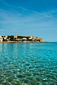 Plage d'Aregno und Blick auf Algajola, bei Calvi, Département Haute-Corse, Korsika, Mittelmeer, Frankreich