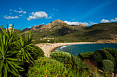 Sandy beach and mountains, Plage dArone, Piana, Haute-Corse department, west coast, Corsica, Mediterranean Sea, France