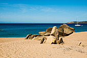 Sandy beach and granite rocks, Plage de Erbaju, near Sartène, south coast, Corse-du-Sud department, Corsica, Mediterranean Sea, France