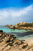 Granite cliffs and sandy beach, Tafoni, Lavezzi Islands, Îles Lavezzi, Bonifacio, Corse-du-Sud, Corsica, Mediterranean Sea, France