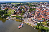 Aerial view from Main ferry Seligenstadt car ferry, Basilica of St. Marcellinus