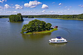 Aerial view of a Le Boat Vision 4 houseboat near small islands on the Wangnitzsee, near Priepert, Mecklenburg-West Pomerania, Germany, Europe
