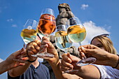 Nahaufnahme von Händen, die Weingläser halten und anstoßen, auf der Alten Mainbrücke (Pippinsbrücke), Kitzingen, Franken, Bayern, Deutschland, Europa