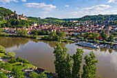 Aerial view of the River Main with Wertheim Castle in the distance, Kreuzwertheim, Spessart-Mainland, Franconia, Bavaria, Germany, Europe