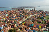 Aerial view of Burano with its colorful houses, Burano, Venice, Italy, Europe