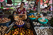 Happy fruit and vegetable seller at the local market, Mawlaik Township, Sagaing Region, Myanmar, Asia