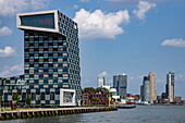 Modernes Gebäude am Ufer des Flusses Nieuwe Maas, Rotterdam, Südholland, Niederlande, Europa