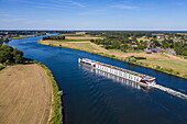 Aerial view of river cruise ship Excellence Countess (travel agency Mittelthurgau) on the Meuse, Kessel, Limburg, Netherlands, Europe
