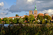 View of the old town of the World Heritage and Hanseatic City of Stralsund from Knieperteich, Mecklenburg-West Pomerania, Germany