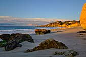 Sunrise on the Atlantic Ocean beach of the Rocky Algarve near Albufeira, Algarve, Barlavento, Western Algarve, Faro District, Portugal, Europe
