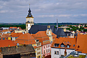 View over the old town of Weißenfels with the Ev. City Church of St. Marien on the market square in on the Romanesque Road, Burgenlandkreis, Saxony-Anhalt, Germany
