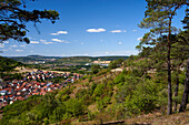 View from the NSG dry areas near Machtilshausen to the village of Machtilshausen and the Franconian Saale valley, Bad Kissingen district, Lower Franconia, Franconia, Bavaria, Germany