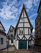 Half-timbered Windloch house from the 15th century in the old town of Minden, North Rhine-Westphalia, Germany