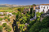 View of the Ronda gorge from the well-known Puente Nuevo bridge with houses and the Jardines De Cuenca park, Andalusia, Spain