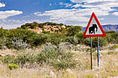 Ein rotes Dreieck Schild Elefanten queren neben einer Schotterpiste in der Savanne im Erongo Gebirge von Namibia, Afrika