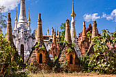 The Buddhist stupas and tombs of the Shwe Indein Pagoda in the In-Dein Pagoda Forest on Inle Lake, Myanmar, Asia