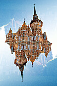 Double exposure of a stepped gable house with tower in Bruges, Belgium.