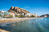 Aicante, Santa Barbara Castle with bathing beach, directly under the castle, Costa Blanca, Spain