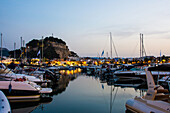 Denia, Costa Blanca, Spain, marina with castle, at the blue hour