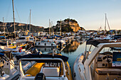 Denia, Costa Blanca, harbor with castle at blue hour, Spain