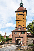 Dinkelsbühl, romantic road, Segringer Tot, with Dreikönigs and green tower, Bavaria Germany.