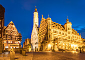 Old town hall and town hall tower on the market square of Rothenburg ob der Tauber, Middle Franconia, Bavaria, Germany