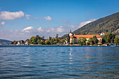 Shore of Lake Tegernsee with Tegernsee Monastery, Upper Bavaria, Bavaria, Germany
