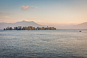 Evening view from Gstadt am Chiemsee to Fraueninsel, Upper Bavaria, Bavaria, Germany