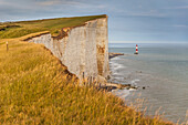 Chalk cliffs and Beachy Head Lighthouse, East Sussex, England